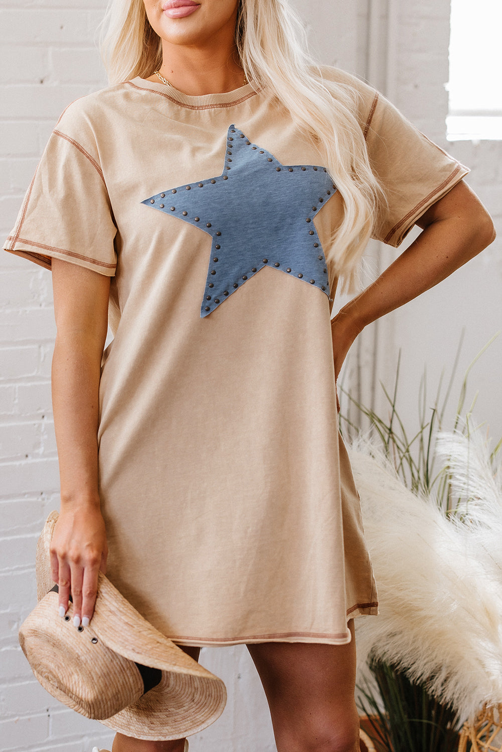 Pale Khaki Mineral Wash Stud Beaded Star Graphic Pocketed T Shirt Dress Dear-Lover Dropshipping