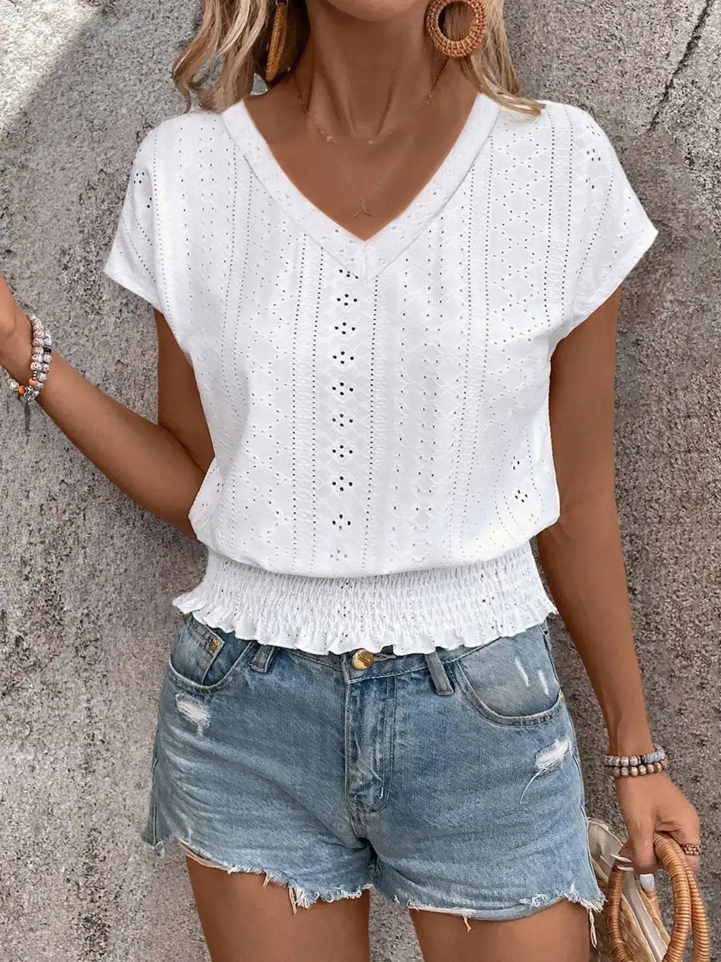 Eyelet V-Neck Short Sleeve Blouse.