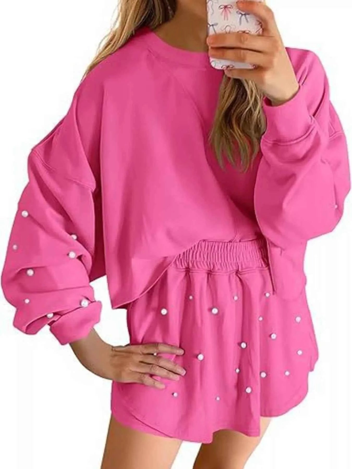 Pearl Embellished Round Neck Top and Skort Set