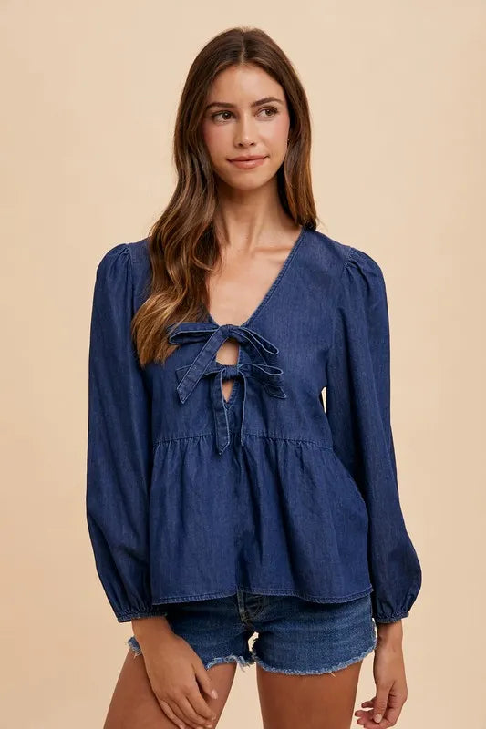 Annie Wear Tie Front Peplum Long Sleeve Denim Top.