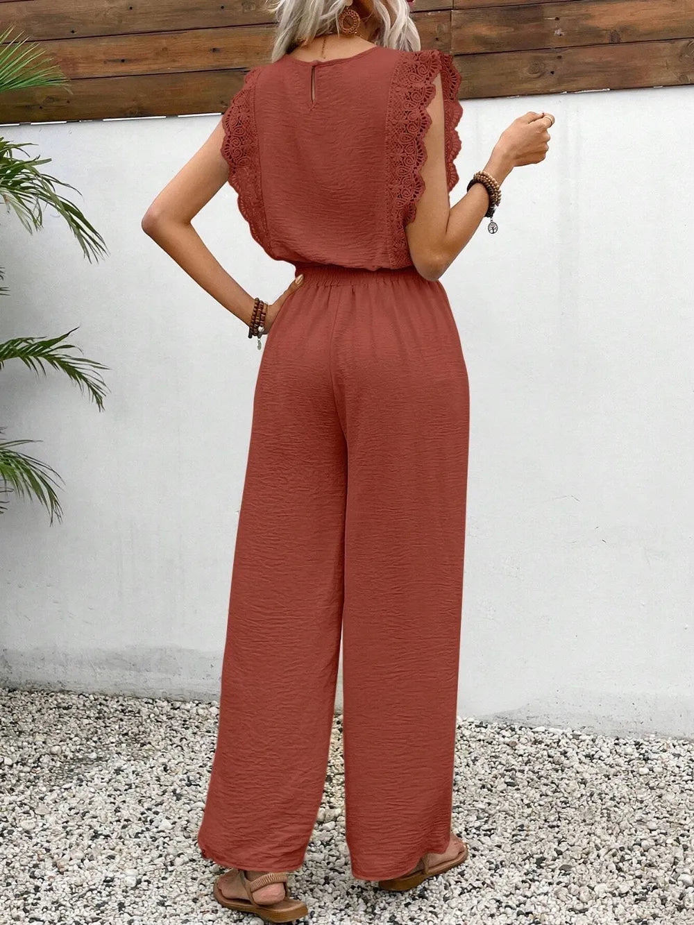 Lace Trim Round Neck Top and Pants Set - CHIC TB