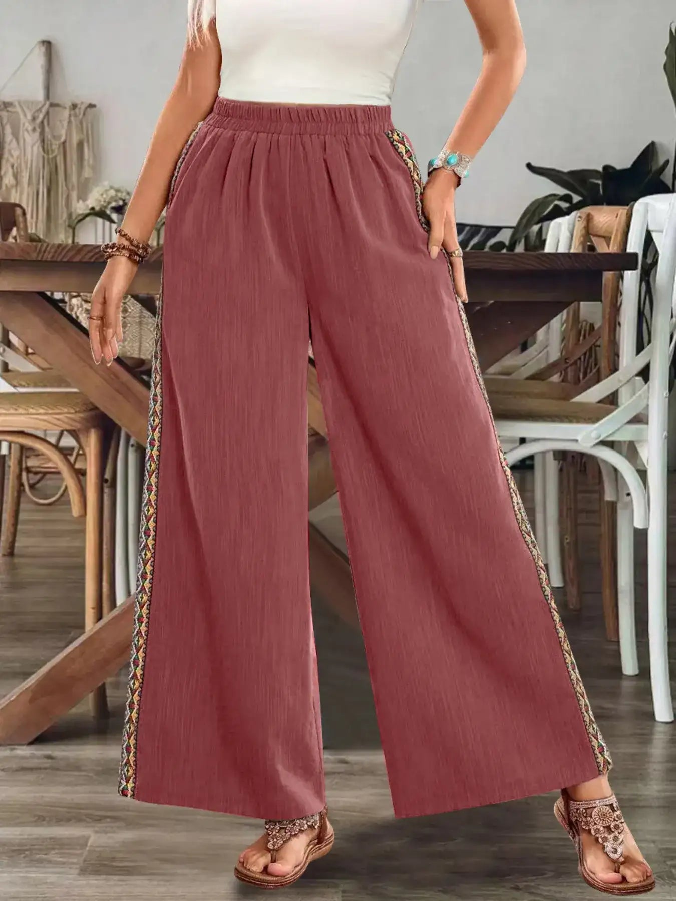 Bohemian Wide Leg Embroidered Side Stripe Pants.