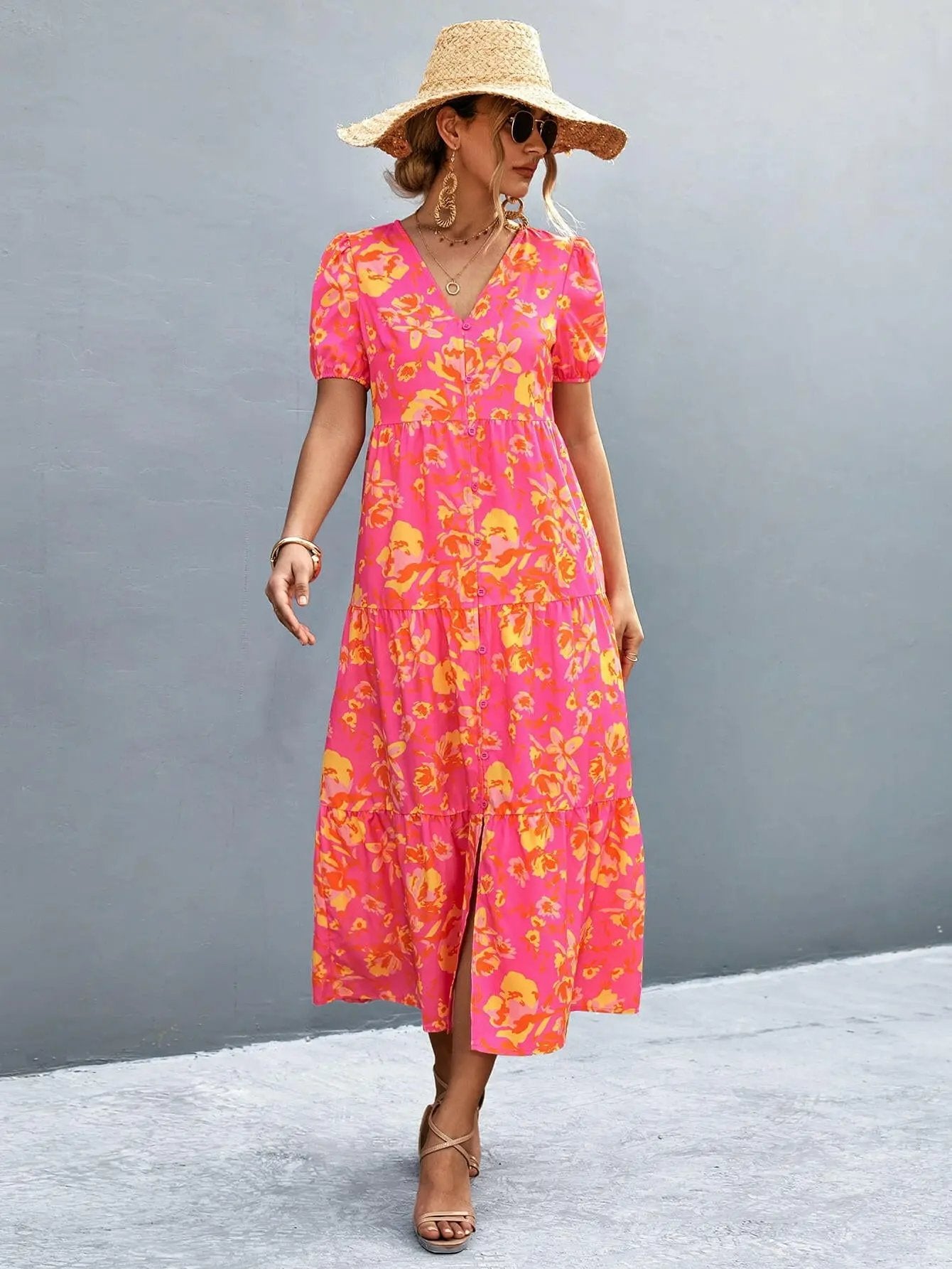 V-Neck Short Sleeve High Slit Midi Dress.