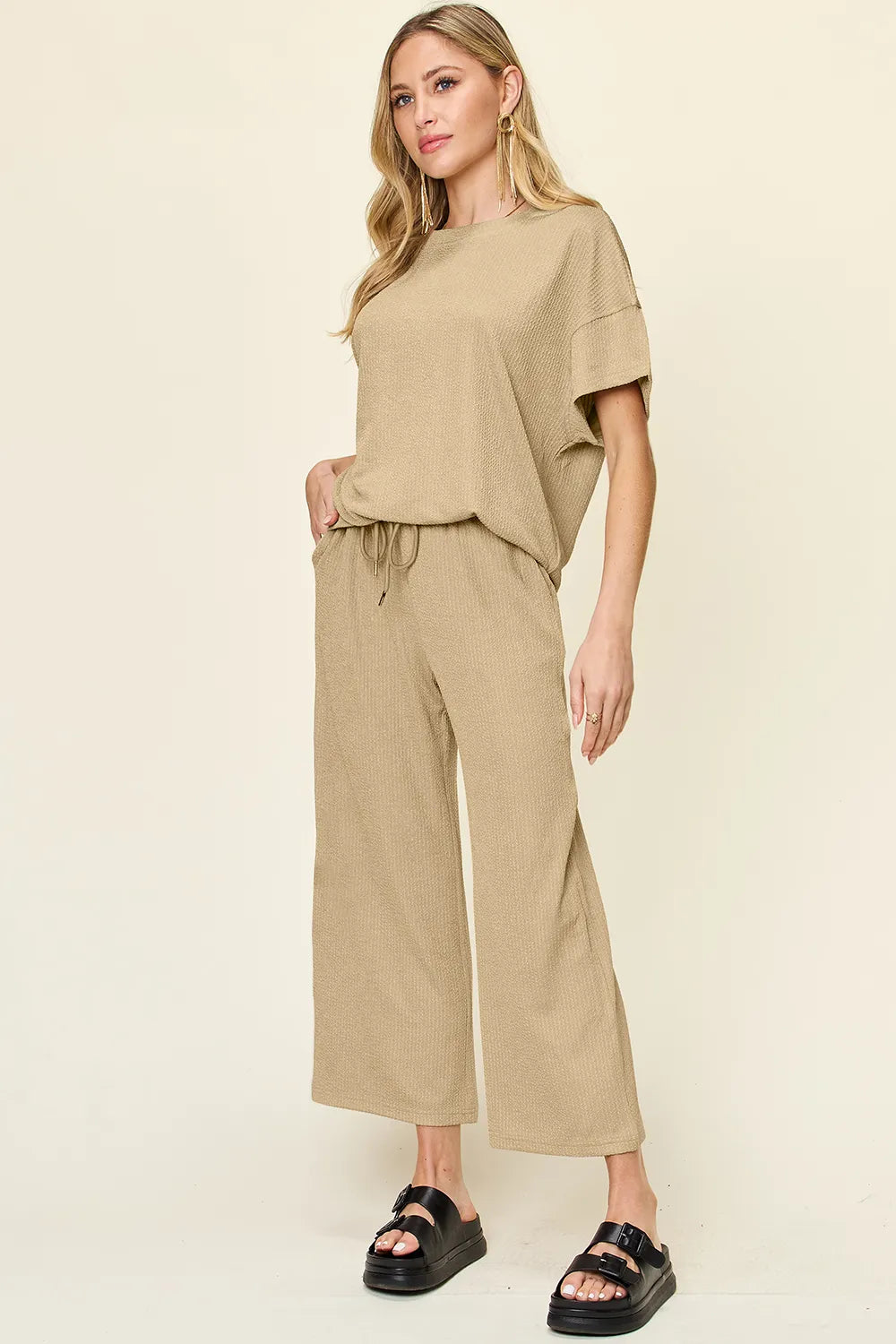 Double Take Full Size Texture Round Neck Short Sleeve T-Shirt and Wide Leg Pants - CHIC TB