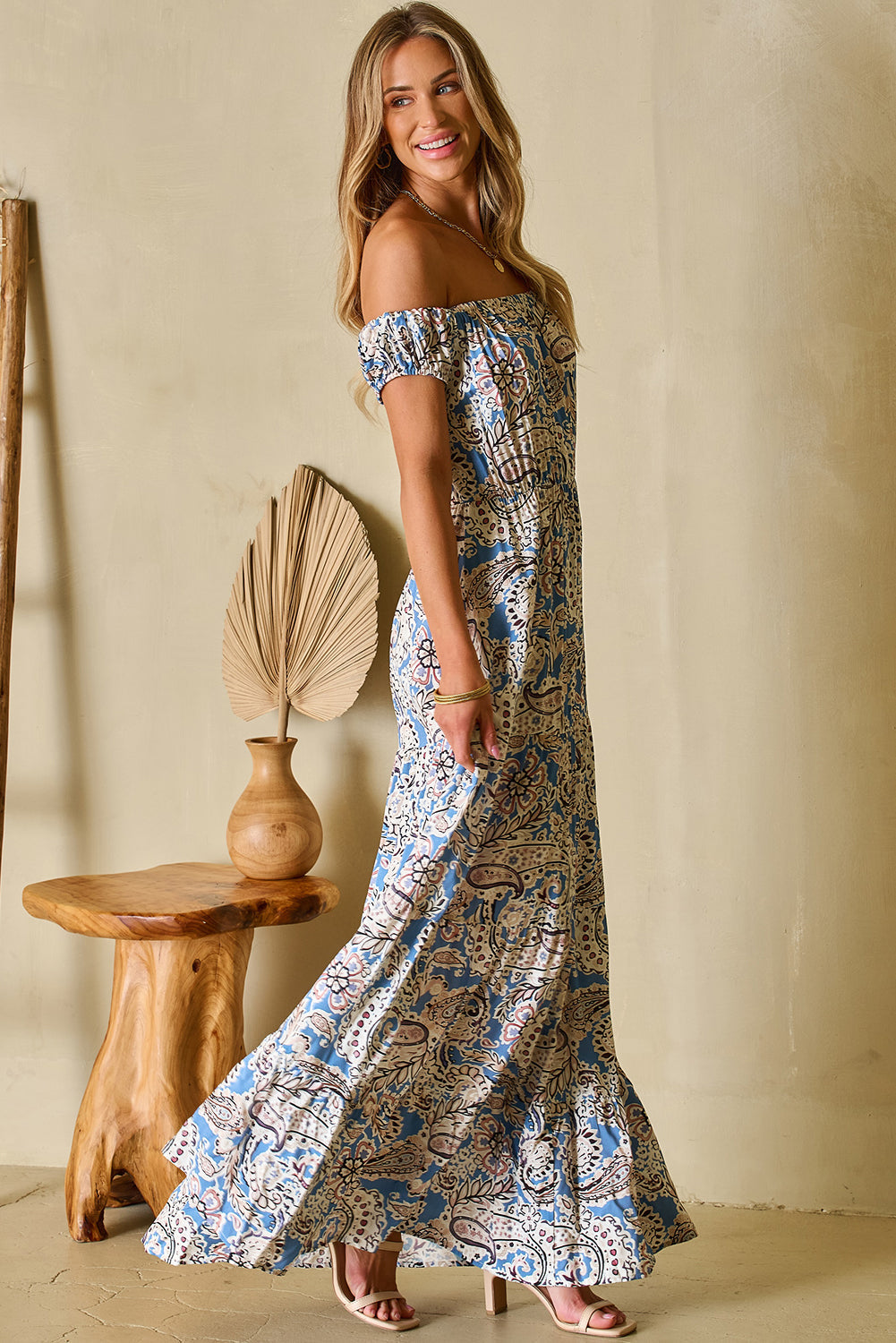 Blue Boho Paisley Print Off Shoulder Maxi Dress Dear-Lover Dropshipping