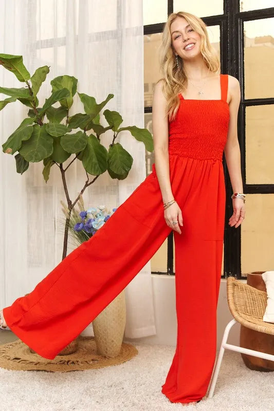 ADORA Full Size Smocking Top Wide Leg Jumpsuit Plus Size - CHIC TB