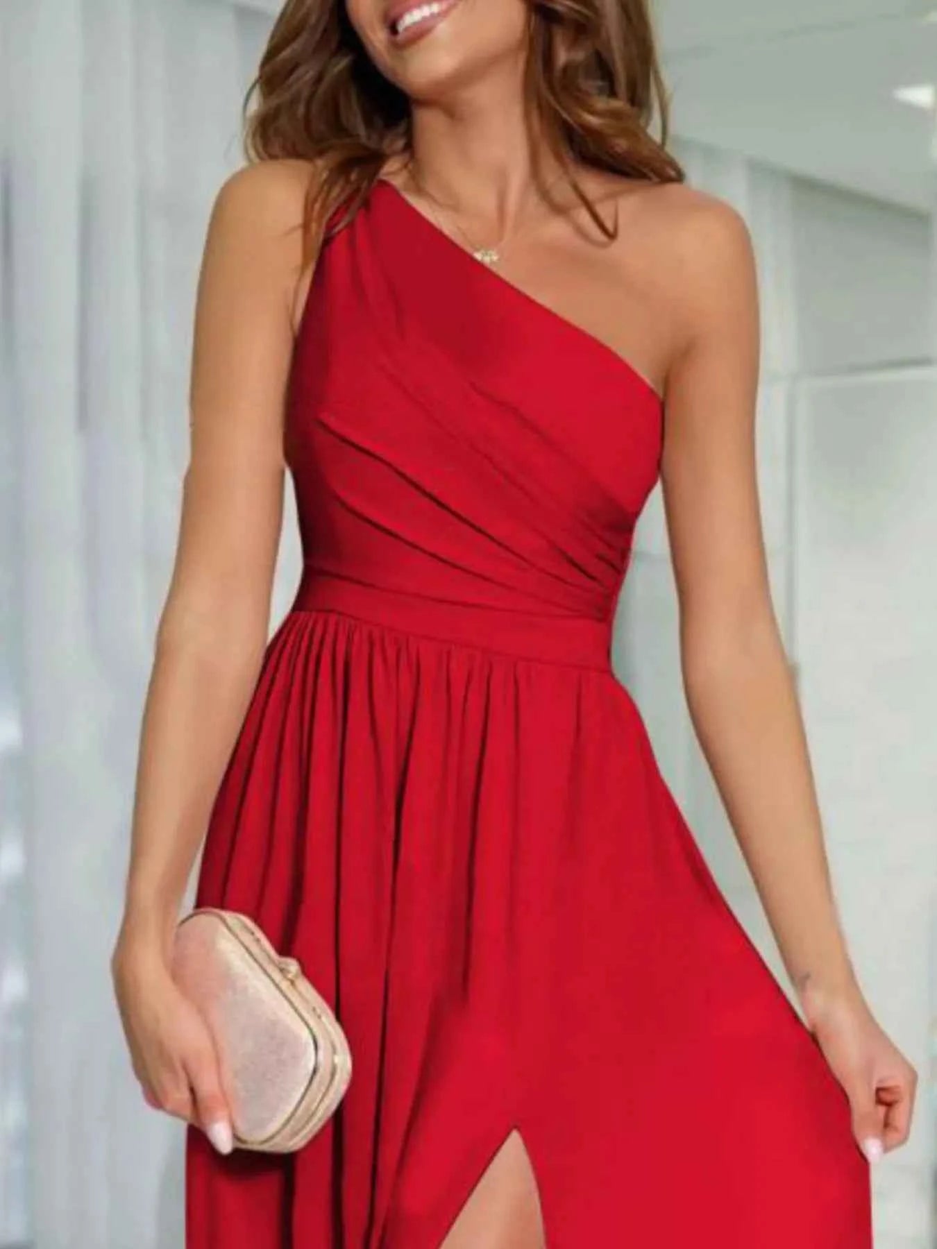 One-Shoulder High Slit Dress.