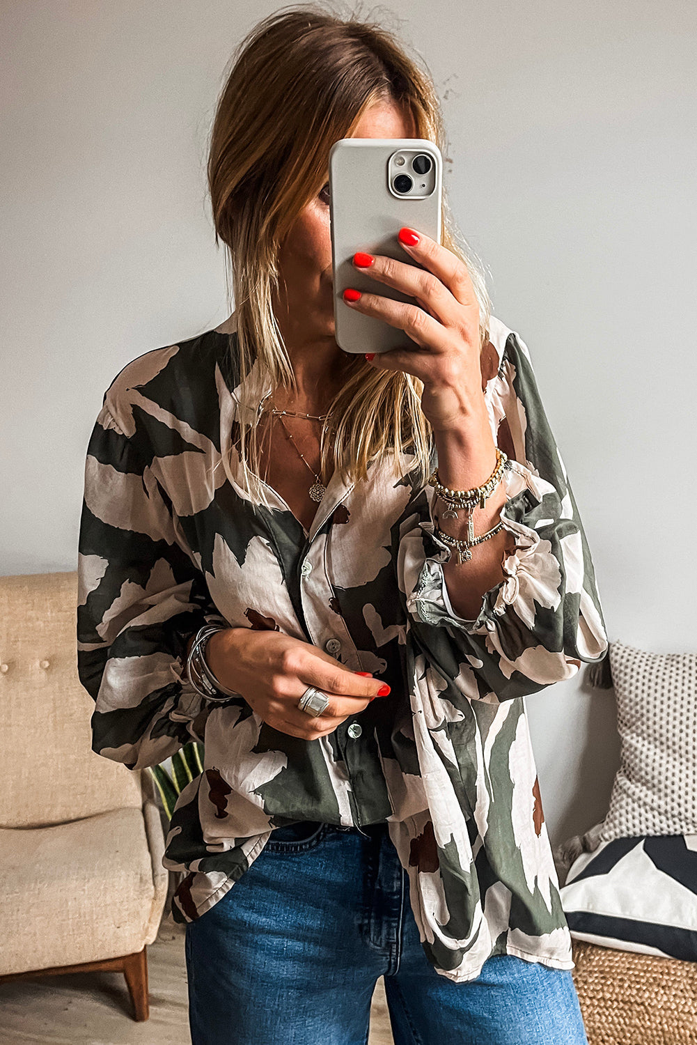 Four Leaf Clover Abstract Floral Print Puff Sleeve Half Button Blouse Dear-Lover Dropshipping