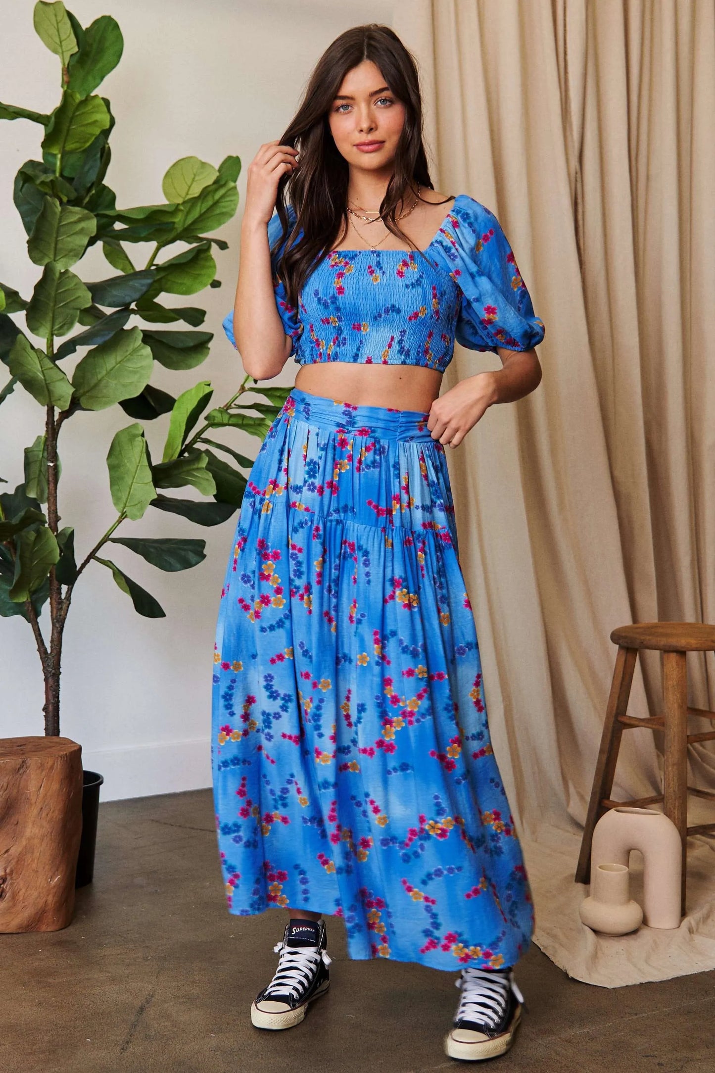 Davi & Dani Smocing Bodice Puff Short Sleeve Printed Crop Top - CHIC TB