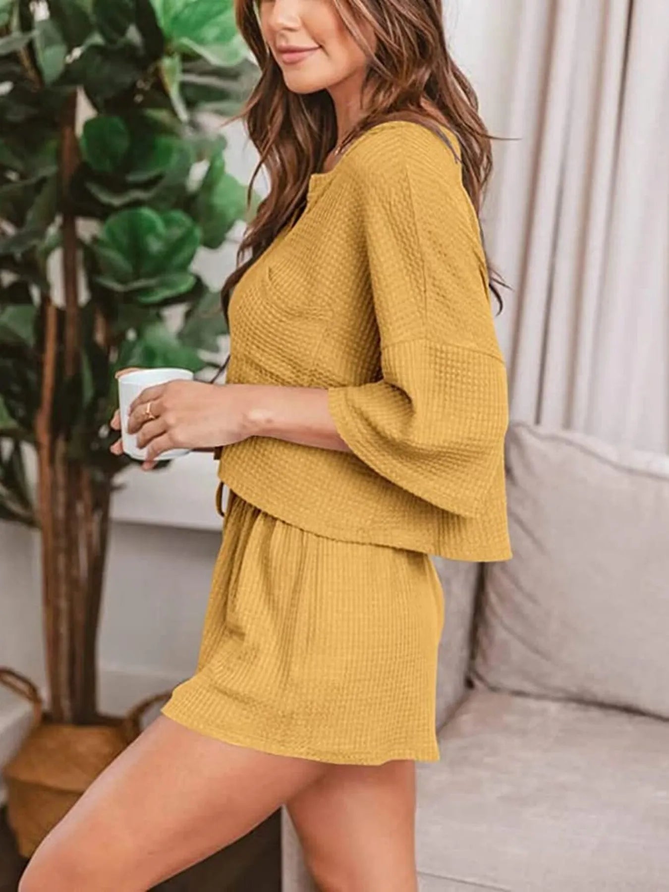 V-neck Knit Top and Shorts Lounge Set.