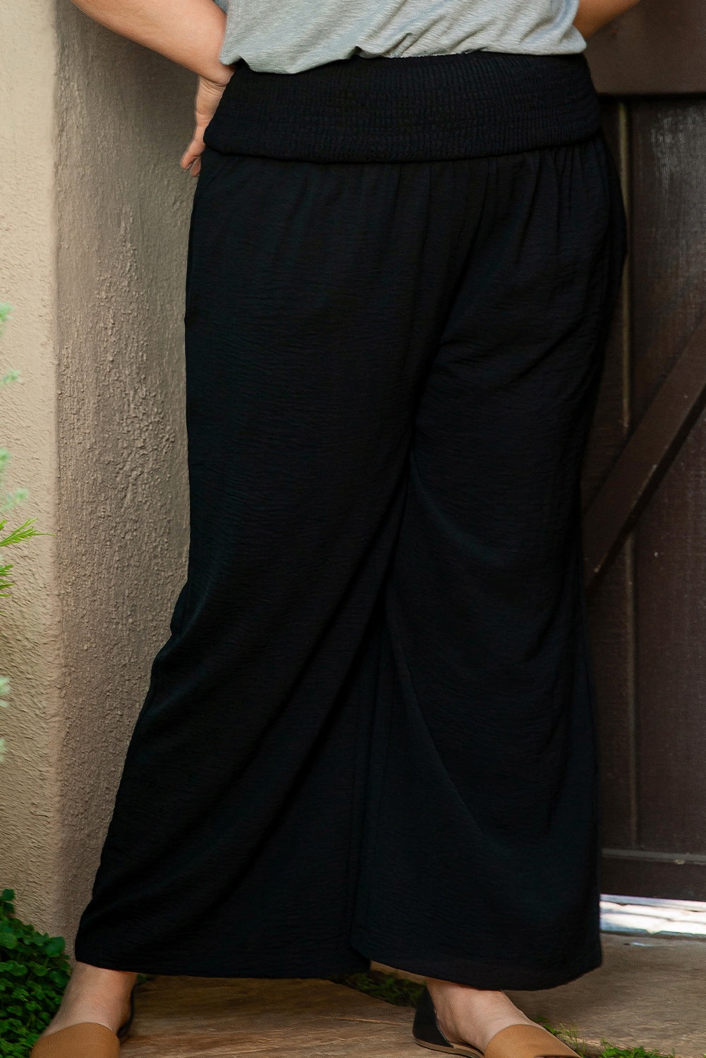 Black Shirred High Waist Plus Size Wide Leg Pants Dear-Lover Dropshipping