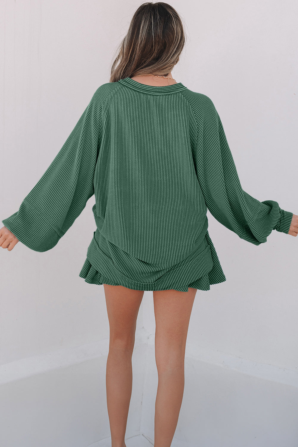 Mist Green Corded Lantern Sleeve Top High Waist Ruffled Mini Skirt Set Dear-Lover Dropshipping