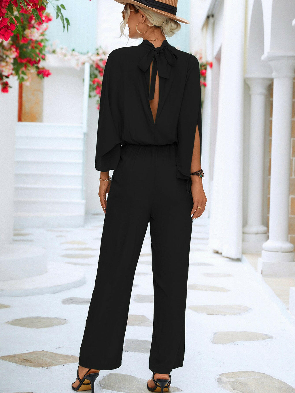 Tie Back Mock Neck Split Sleeve Jumpsuit.