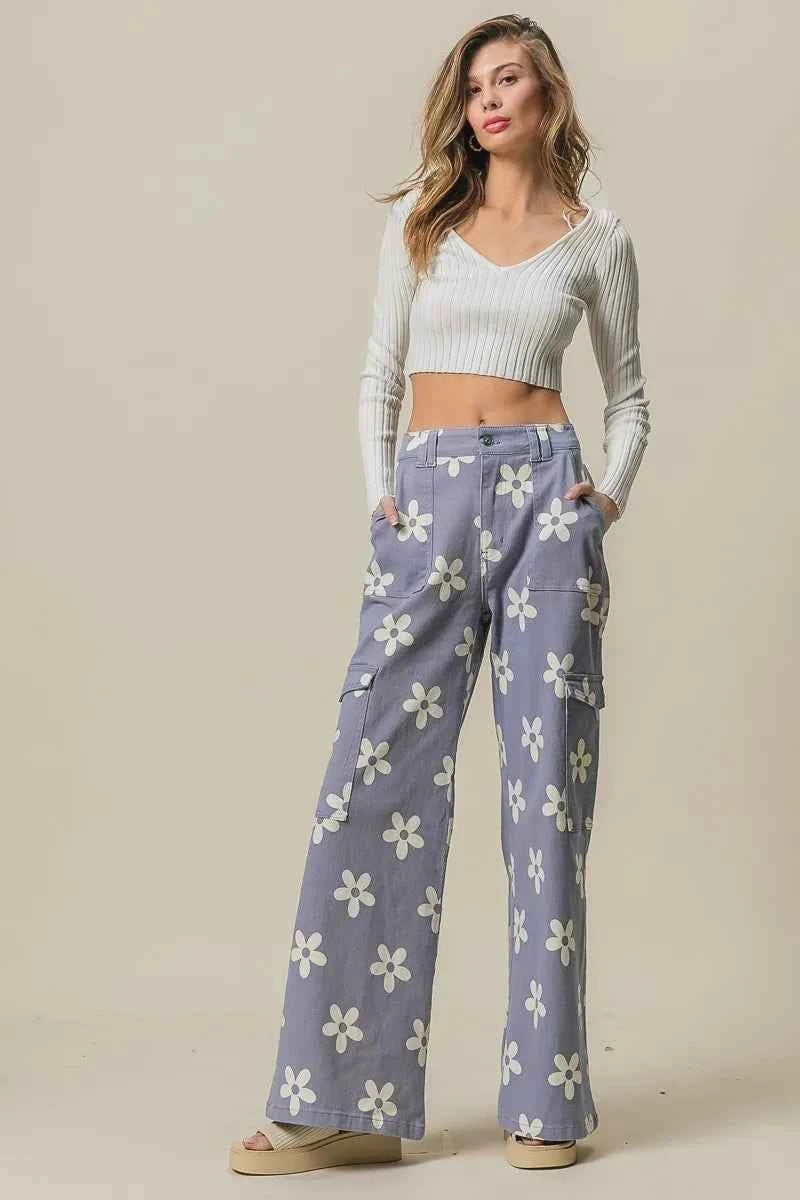 BiBi Flower Printed Side Pocket Wide Pants