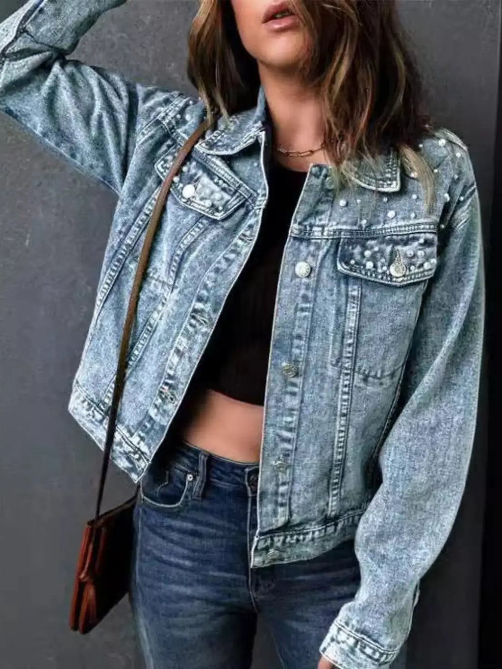 Full Size Pearl Detail Button Up Long Sleeve Denim Jacket Plus Size.