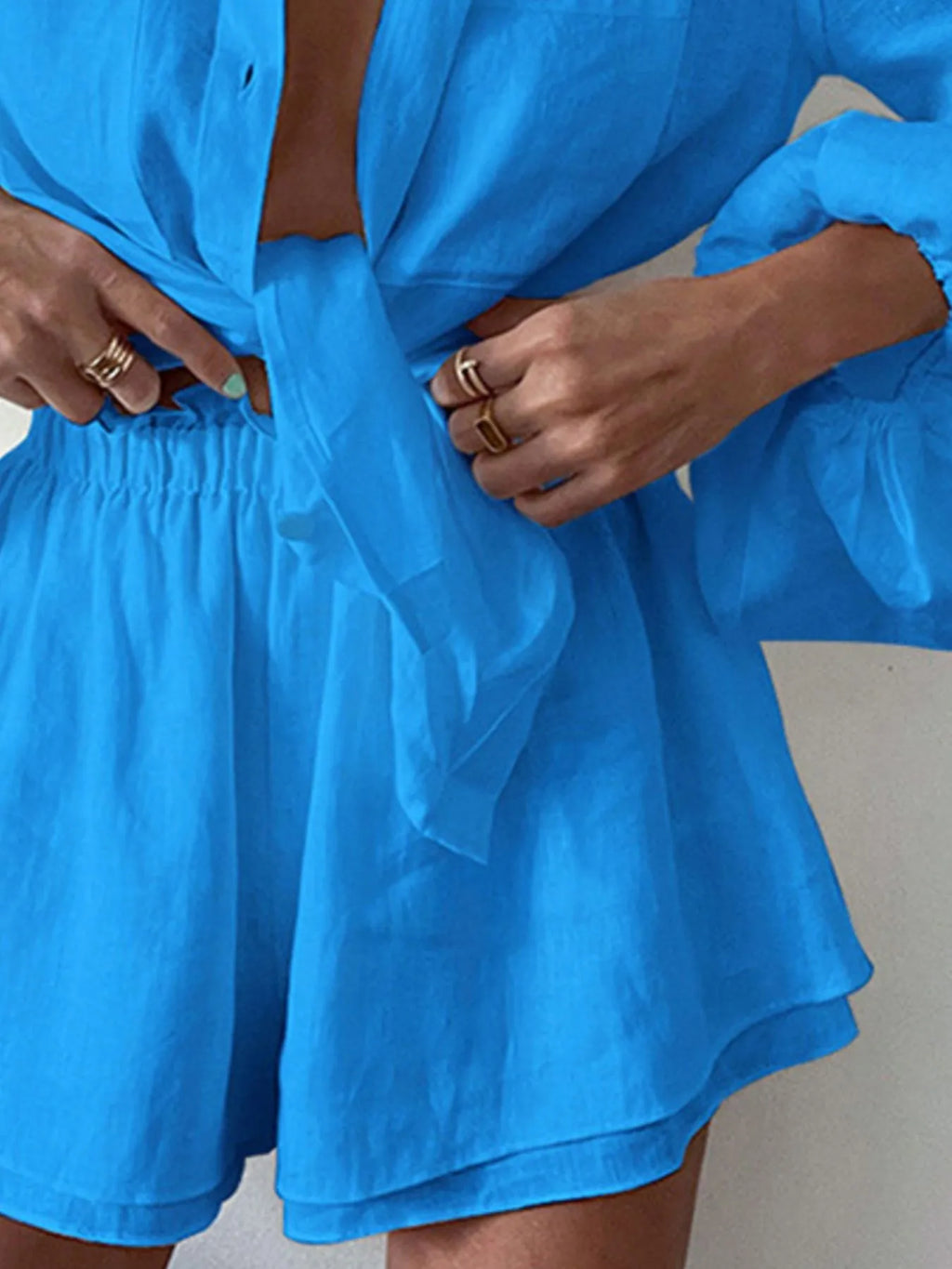 Balloon Sleeve Top and Shorts Set Plus Size.