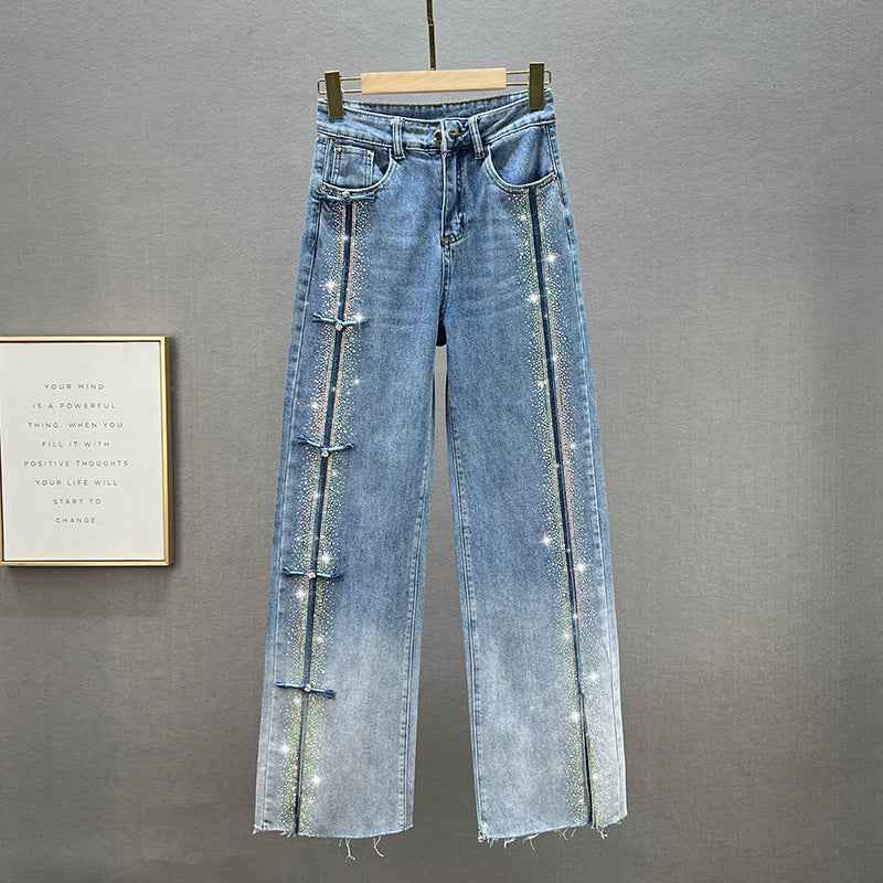 Rhinestone Denim Wide-leg Pants