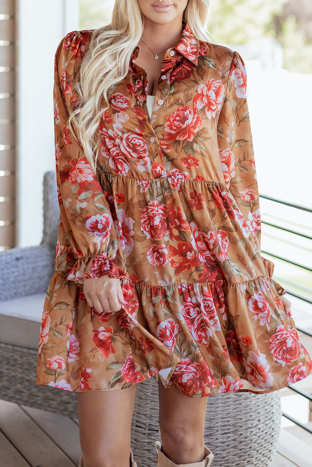 Brown Vintage Floral Print Shirt Style Half Button Long Sleeve Ruffle Mini Dress Dear-Lover Dropshipping