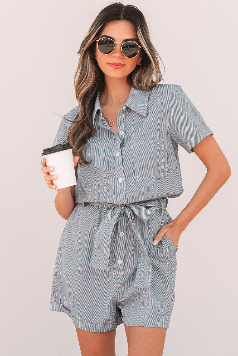 Blue Stripe Chest Pockets Buttoned Belted High Waist Romper Dear-Lover Dropshipping