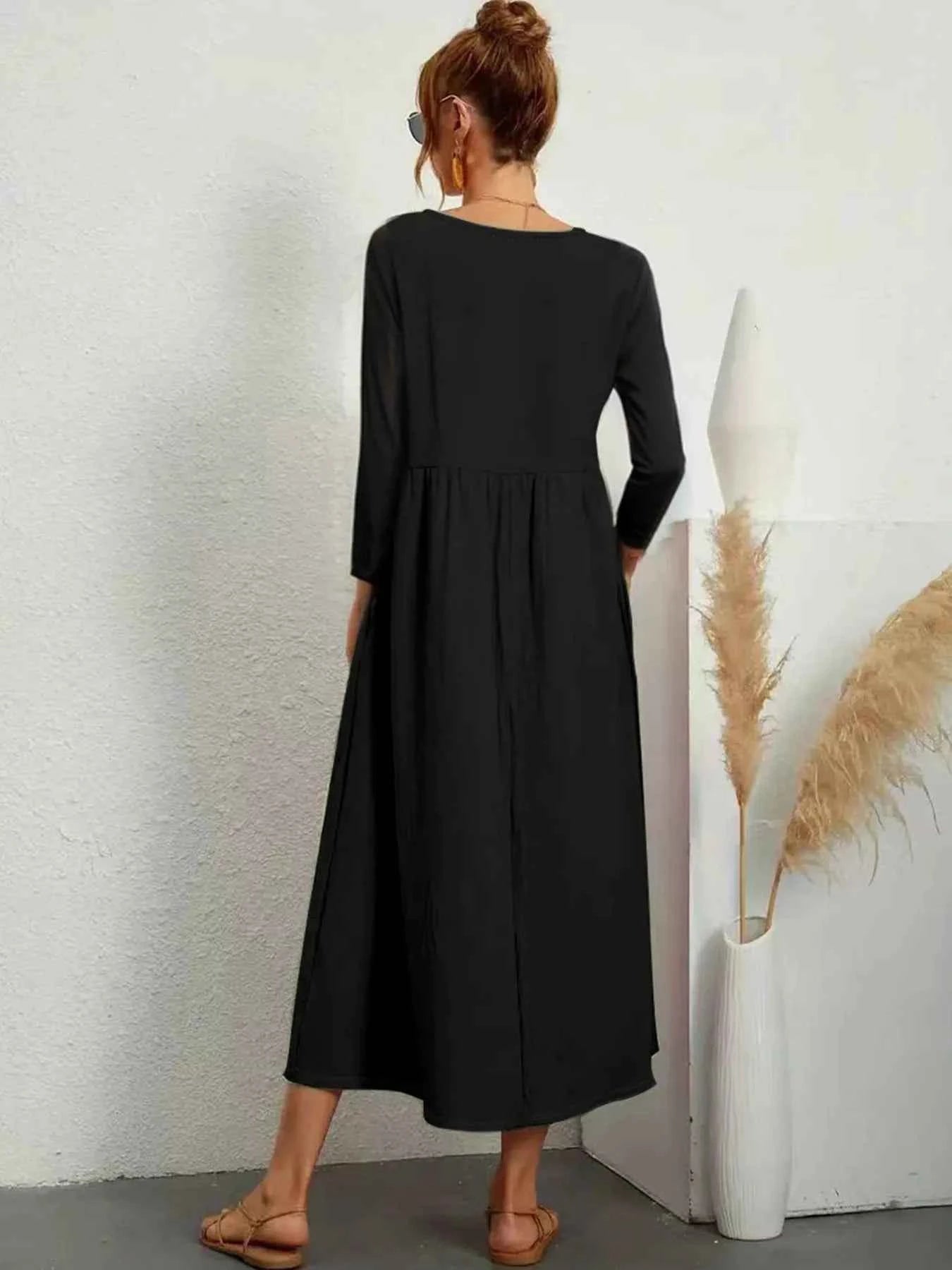 V-Neck Long Sleeve Pocketed Midi Dress
