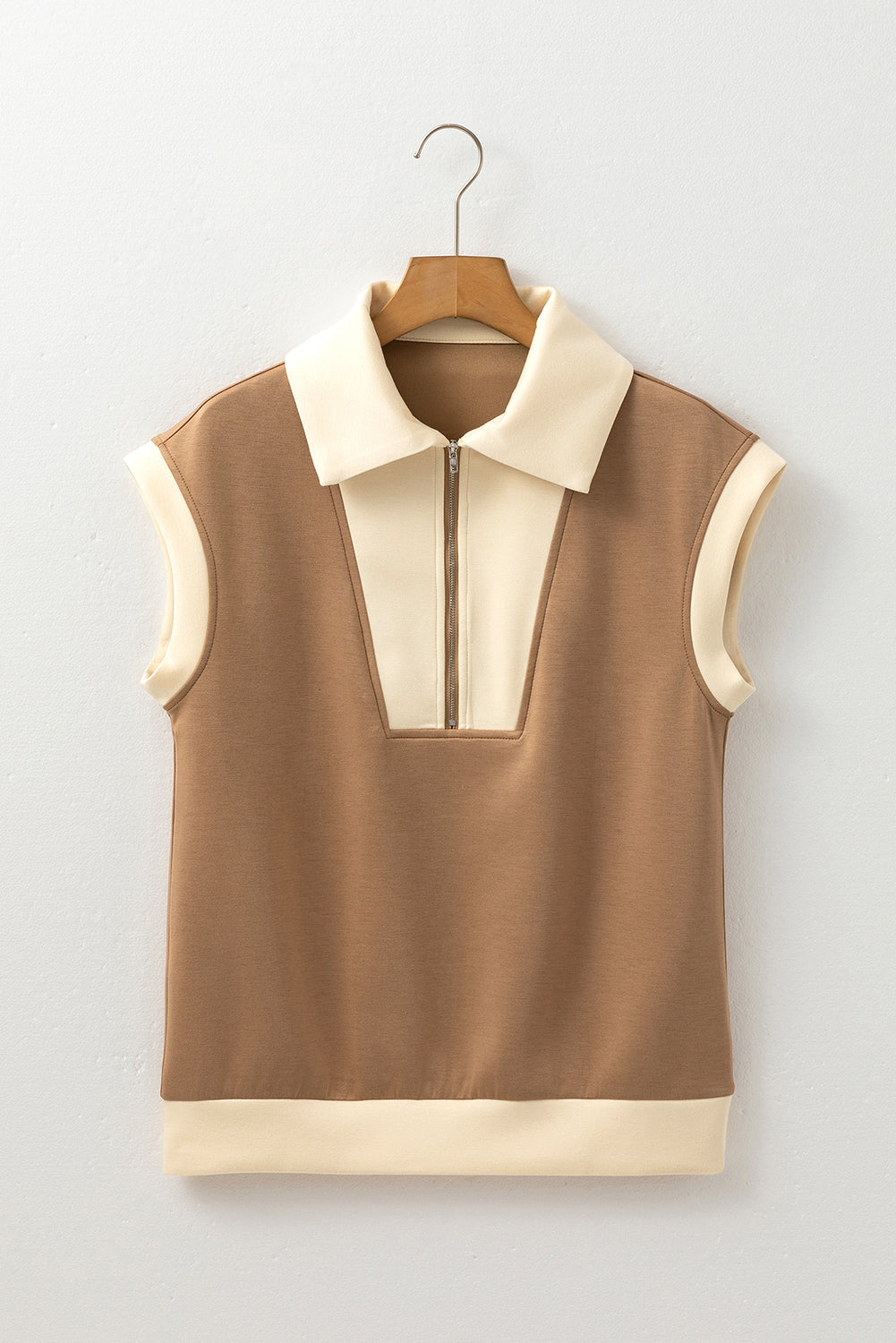 Simply Taupe Half Zipper Collared Colorblock Short Sleeve Top Dear-Lover Dropshipping