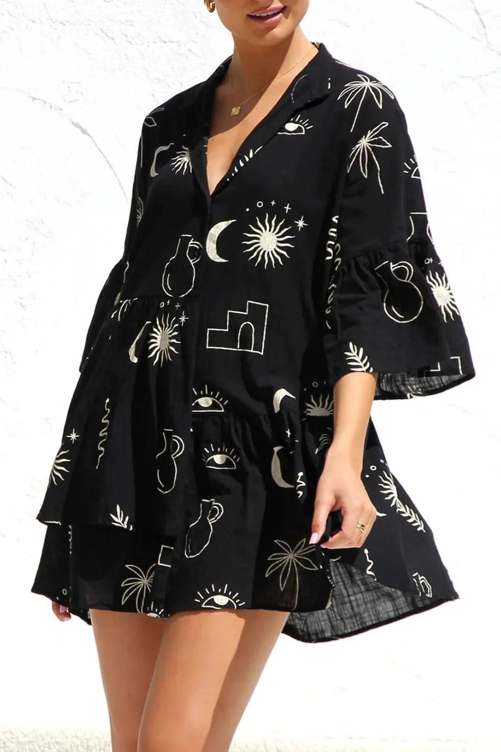 Ruched Printed Three-Quarter Sleeve Mini Dress.
