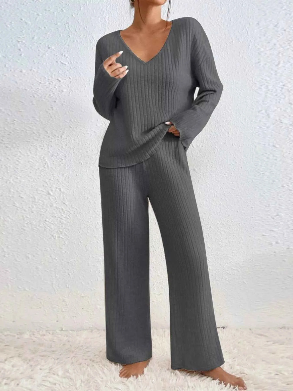 Ribbed V-Neck Top and Pants Set