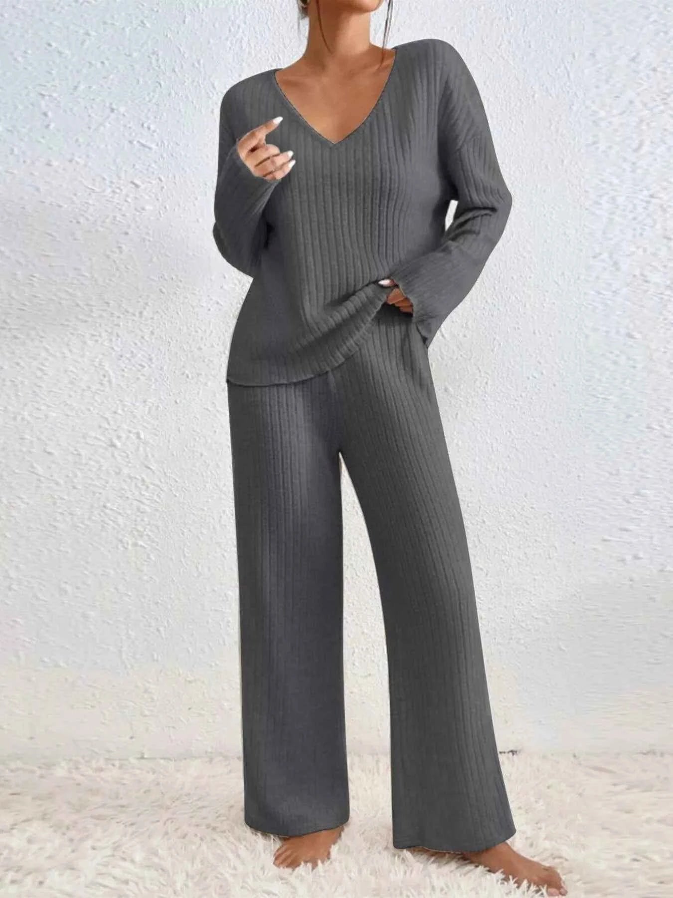 Ribbed V-Neck Top and Pants Set