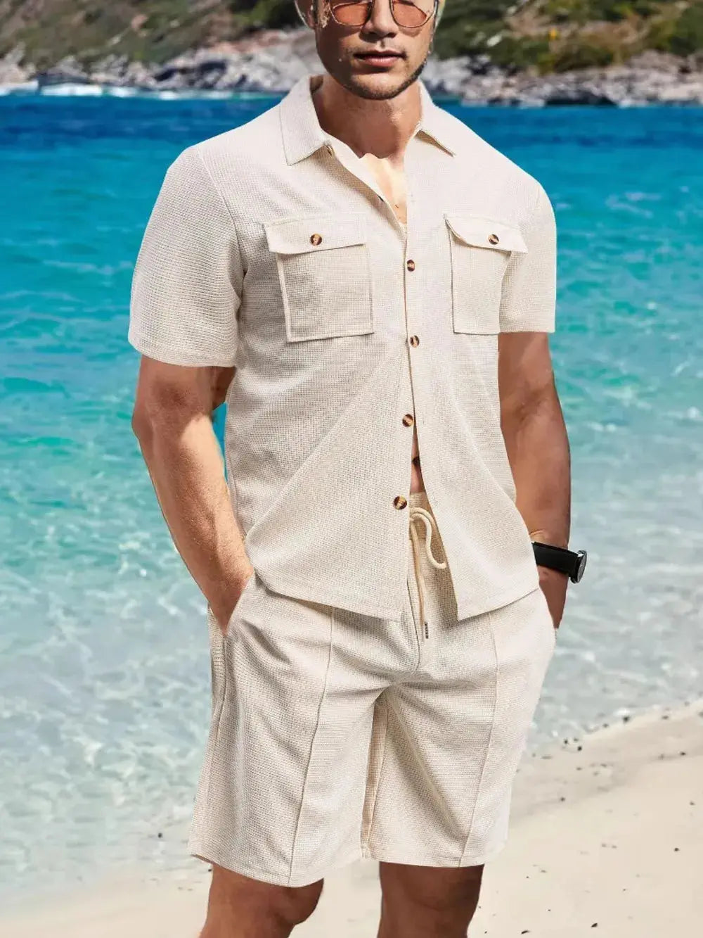 Men's Full Size Button Down Short Sleeve Top and Shorts Set Plus Size.