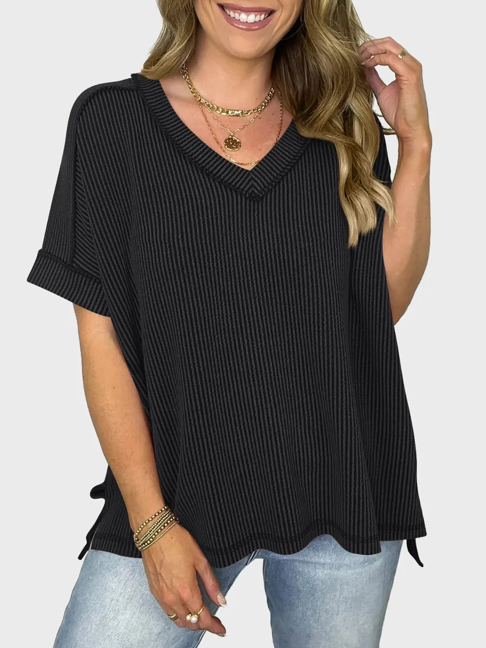 Lovelet Texture V-Neck Half Sleeve T-Shirt.