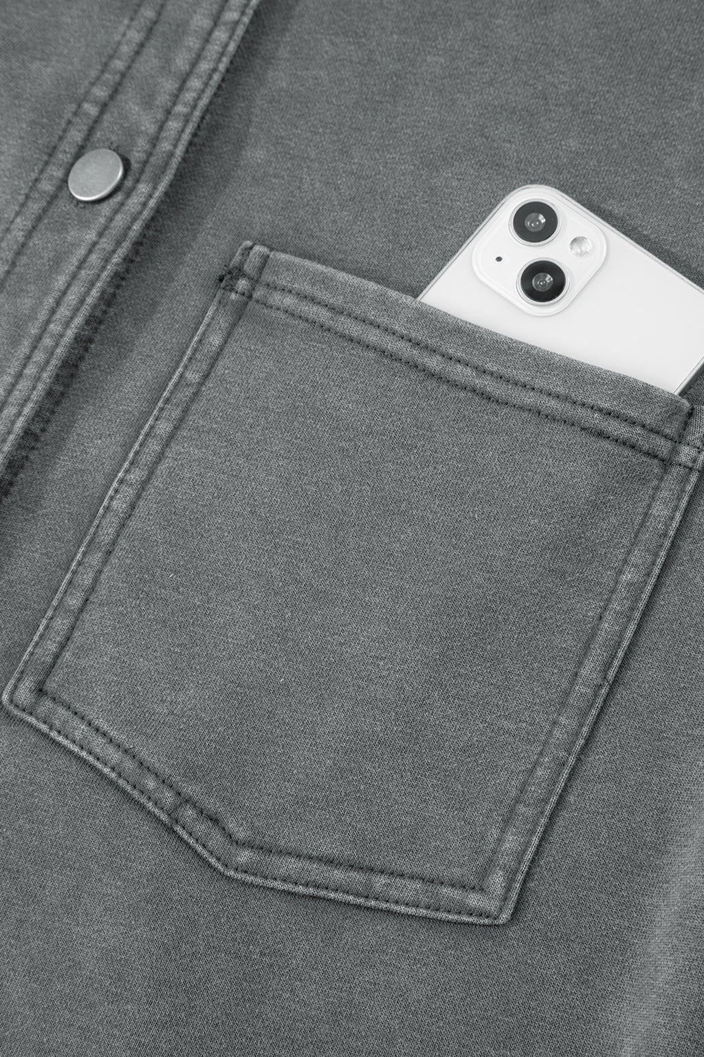 Medium Grey Mineral Wash Chest Pockets Drop Shoulder Shacket with Side Slit