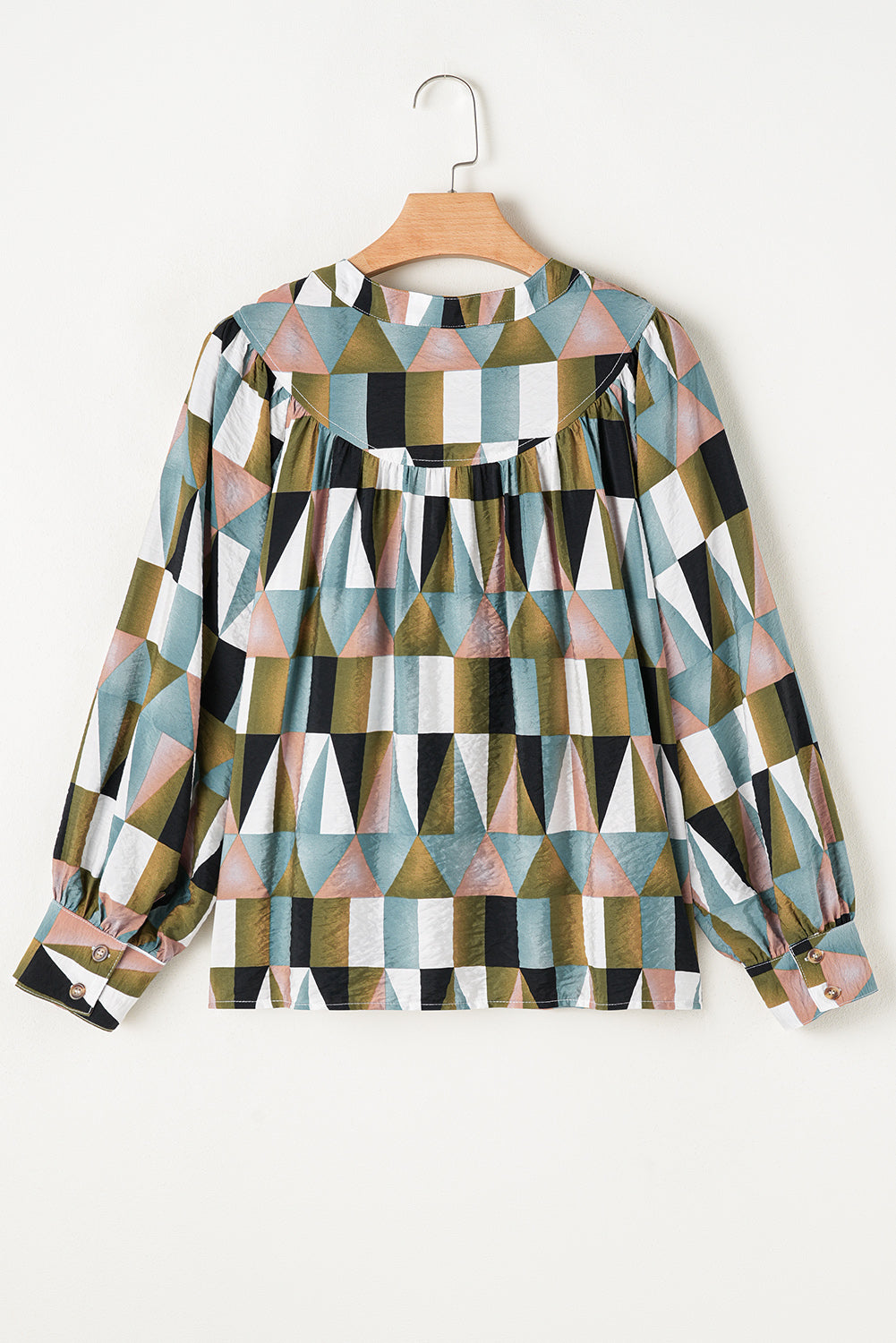 Green Geometric Print Buttoned Balloon Sleeve Loose Fit Shirt Dear-Lover Dropshipping