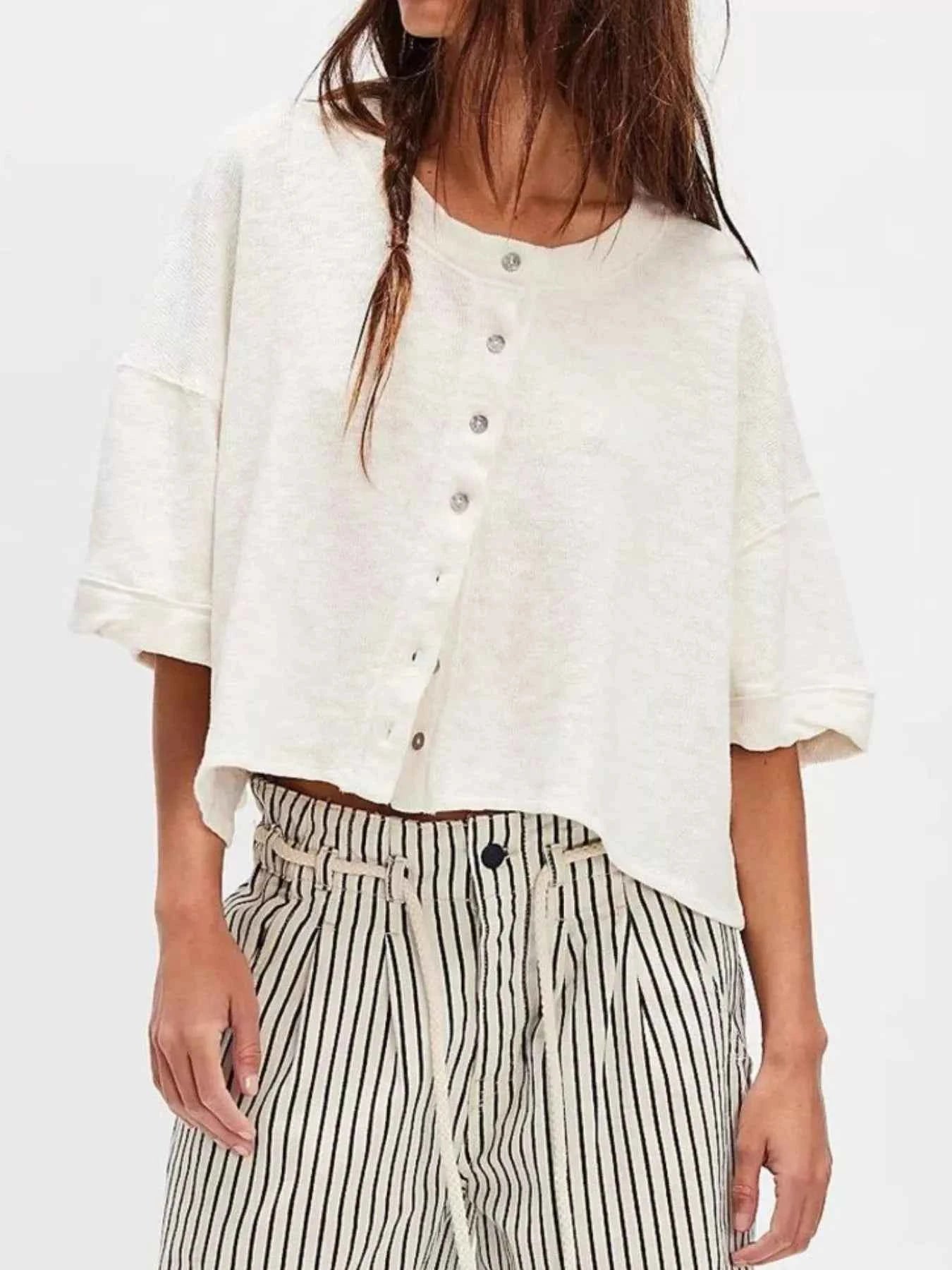 Button-Front Half Sleeve Cardigan