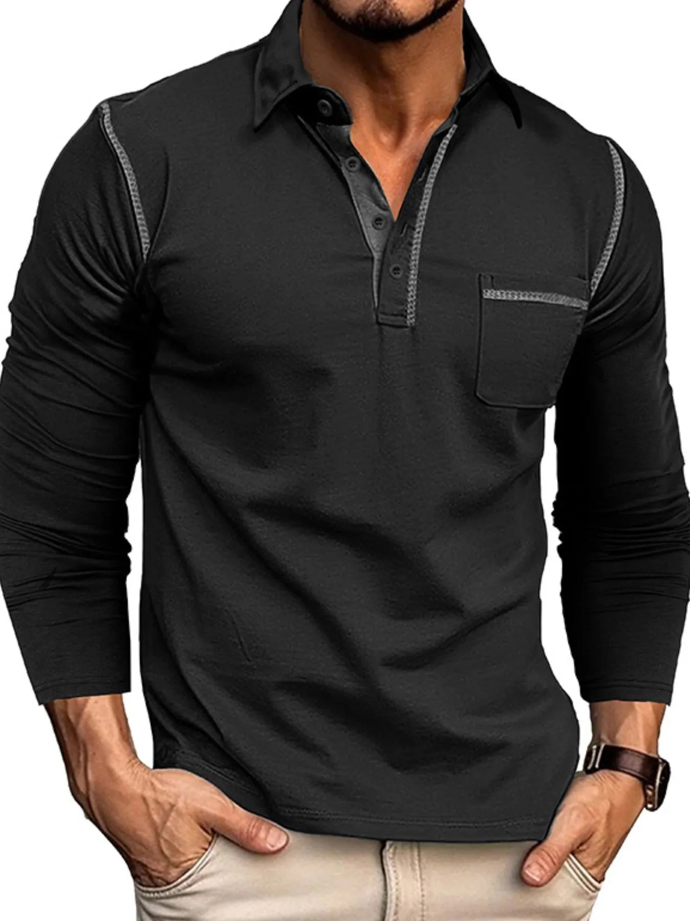 Men's Long Sleeve Polo Shirt with Contrast Stitching.