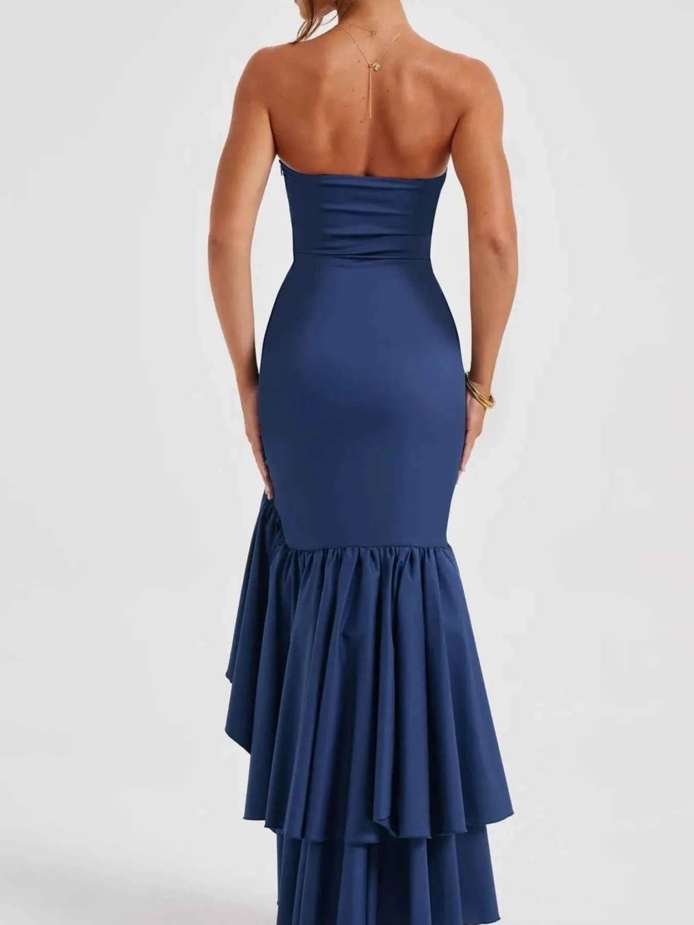 Strapless Ruffle High-Low Bodycon Dress.