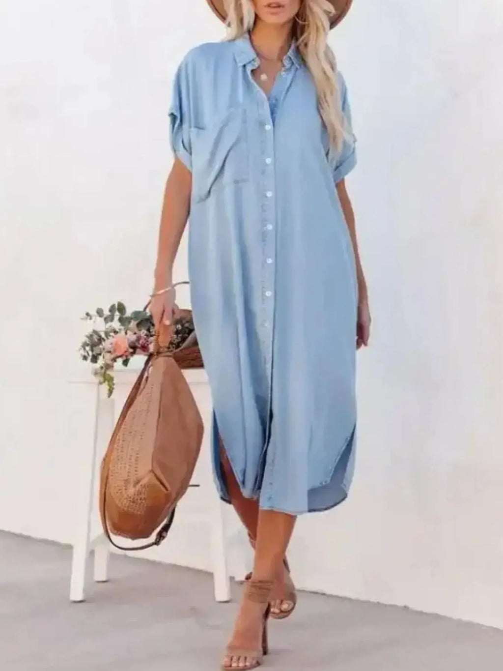 Button Down Denim Midi Shirt Dress.