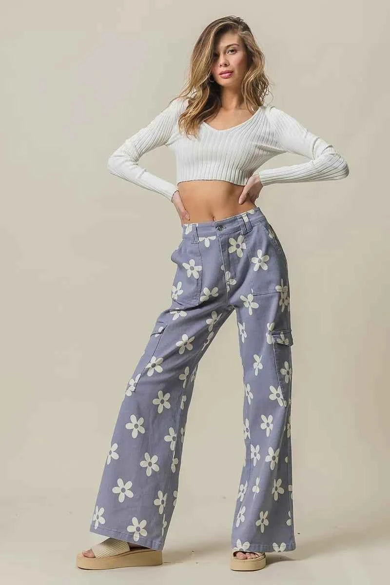BiBi Flower Printed Side Pocket Wide Pants