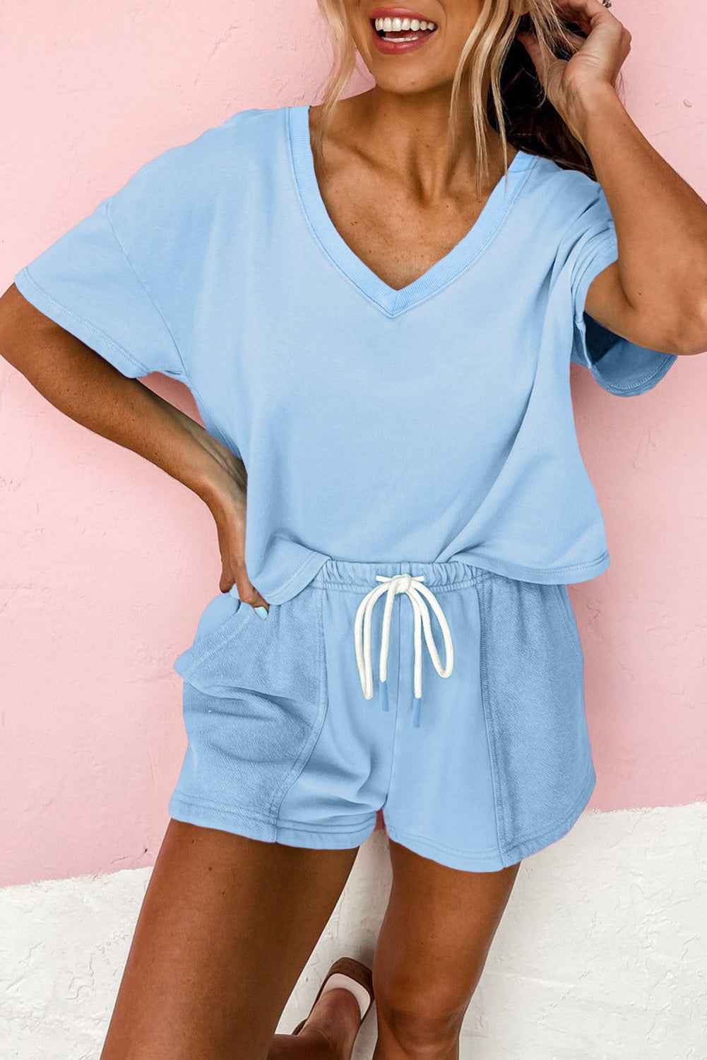 Myosotis V Neck Drop Shoulder Tee and Patchwork Drawstring Elastic Waistband Shorts Set