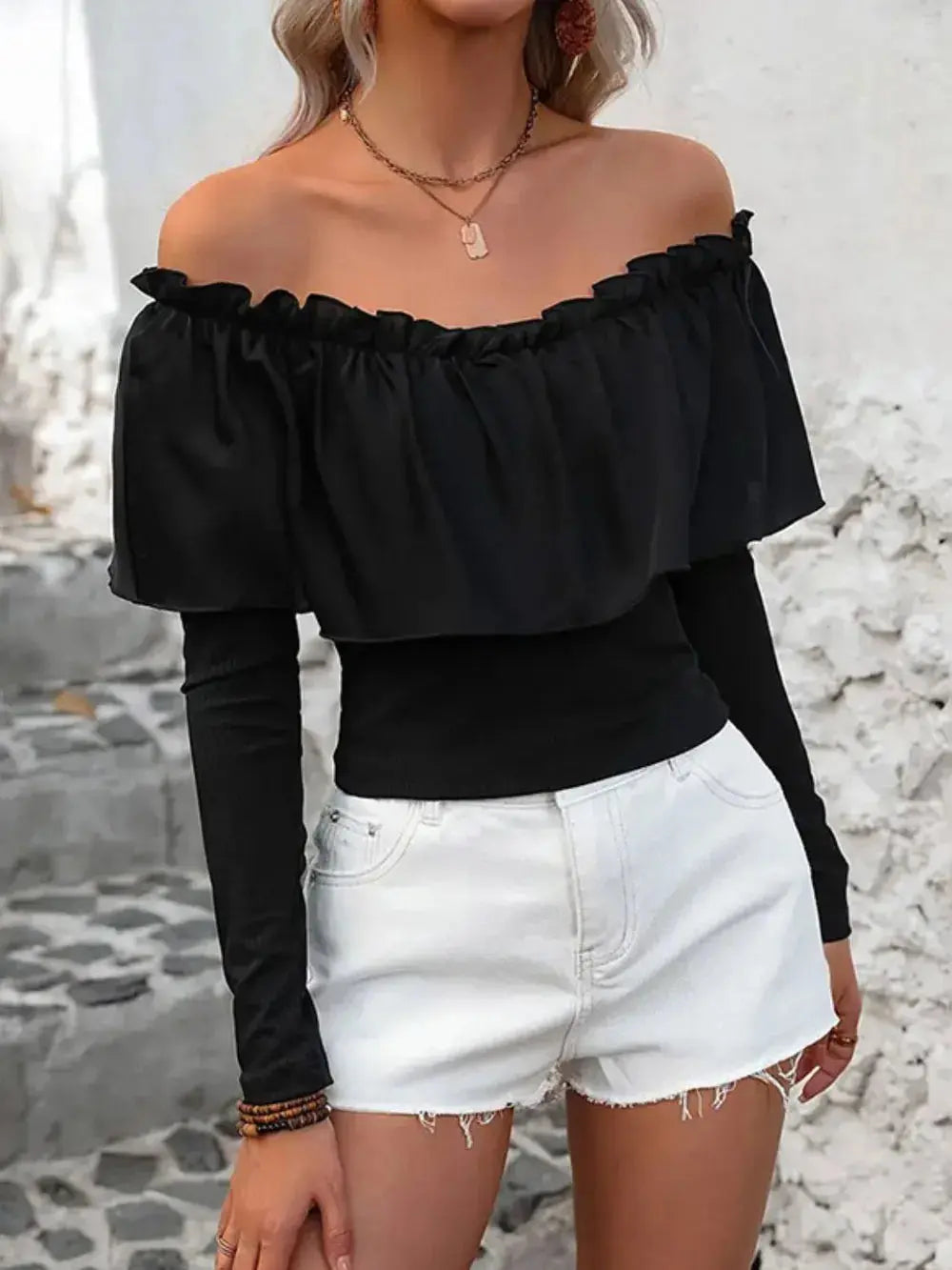Ruffled Off-Shoulder Long Sleeve Blouse.