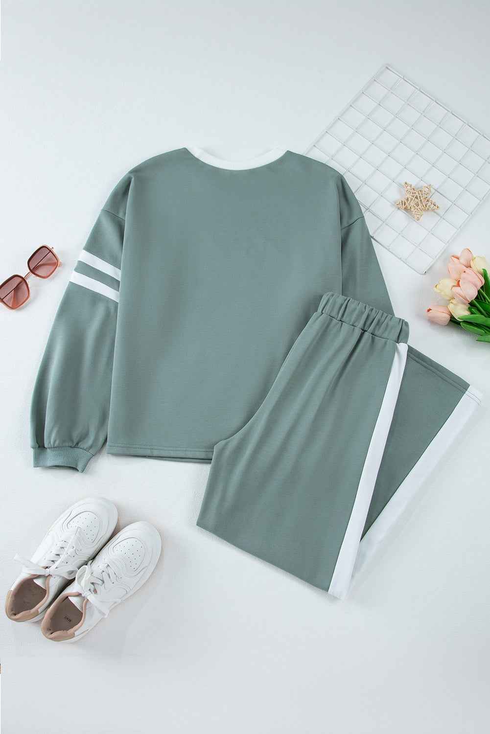 Blue Varsity Stripe Patchwork Puff Sleeve Pullover Drawstring Wide Leg Pant Set