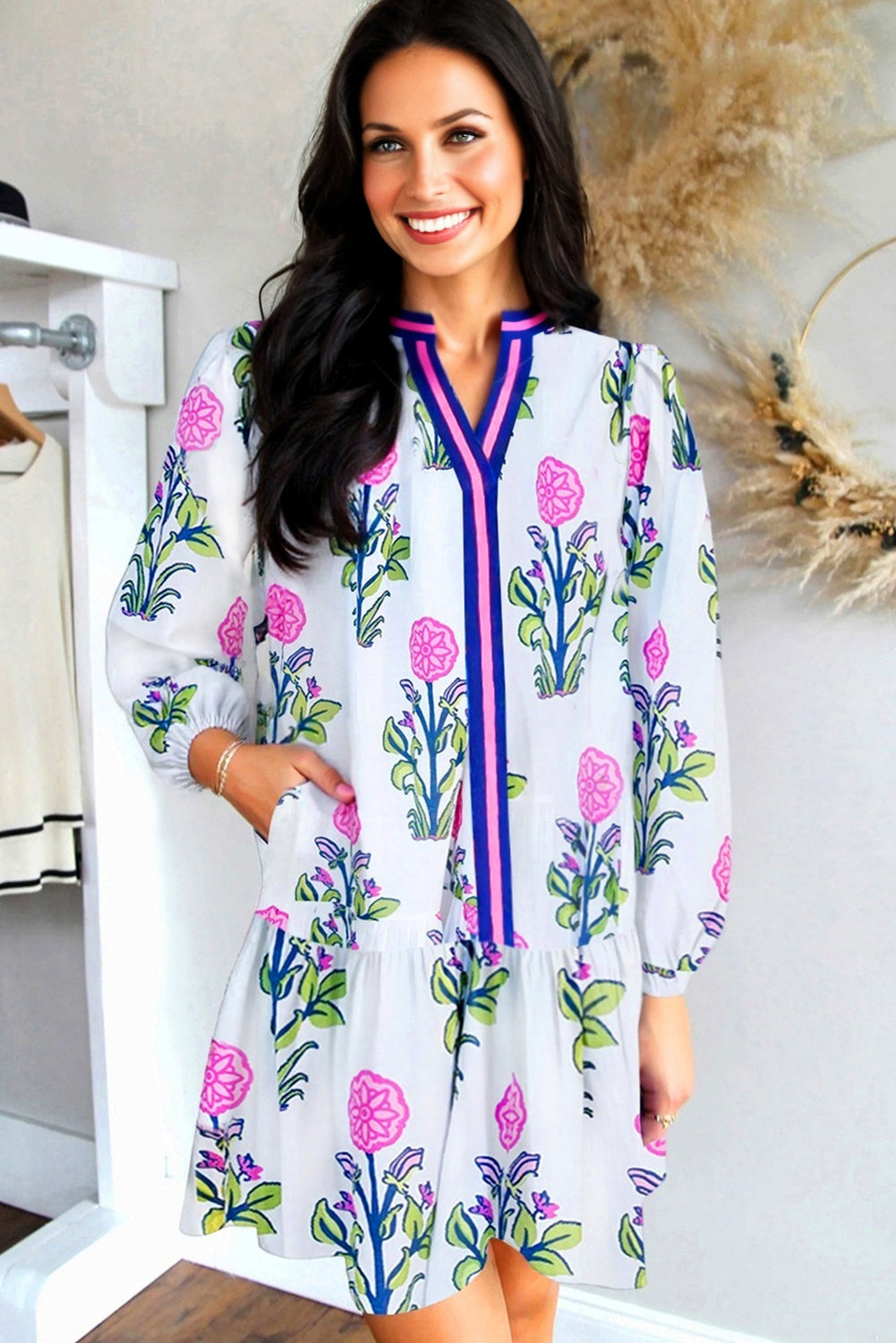 White Floral Print Contrast Striped Trim Notched Neck Long Sleeve Dress Dear-Lover Dropshipping