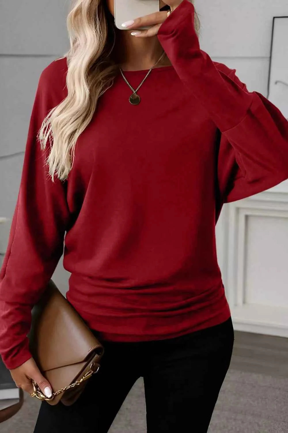 Solid Color Long Sleeve Blouse