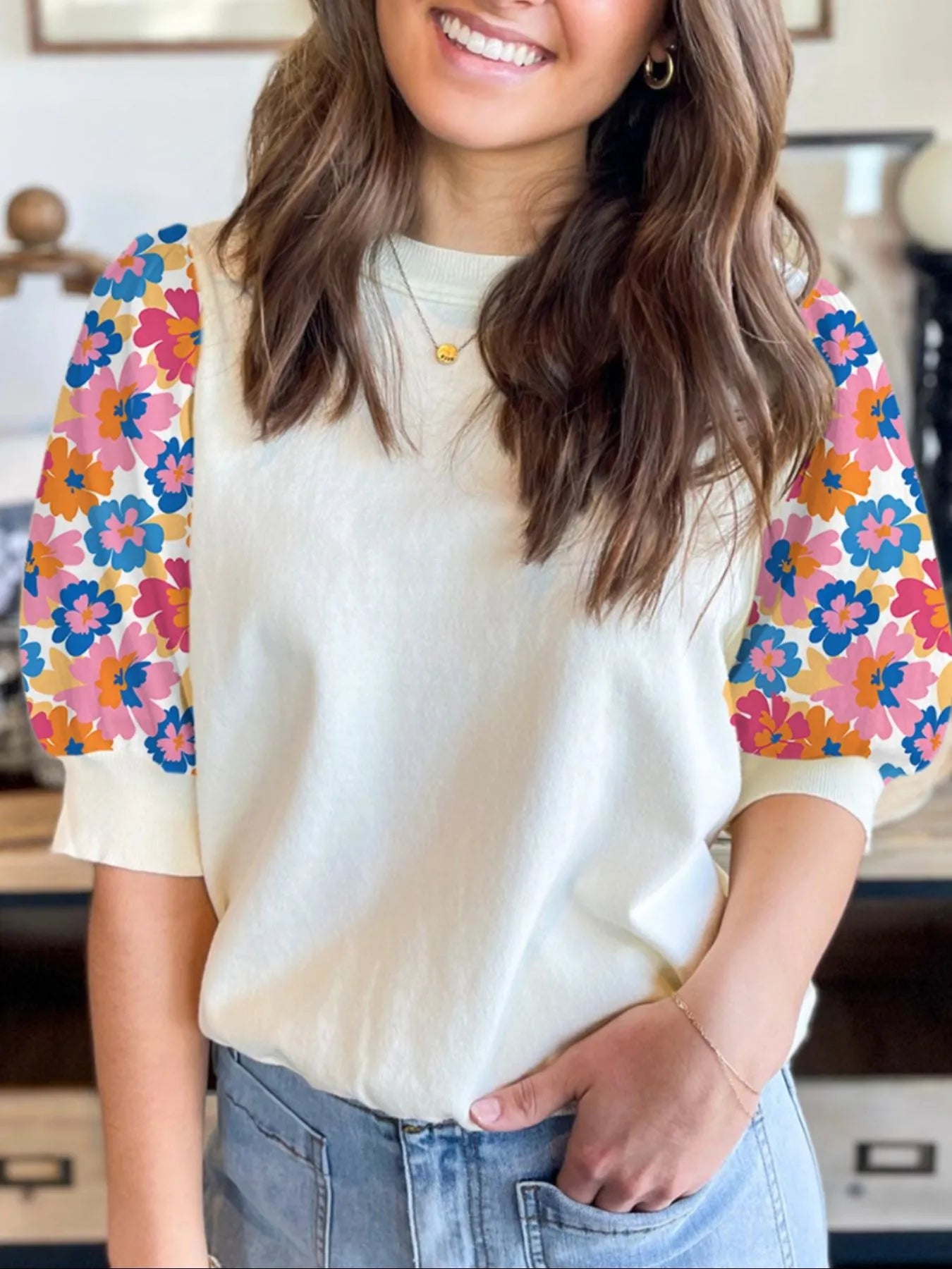Floral Puff Sleeve Round Neck T-Shirt.