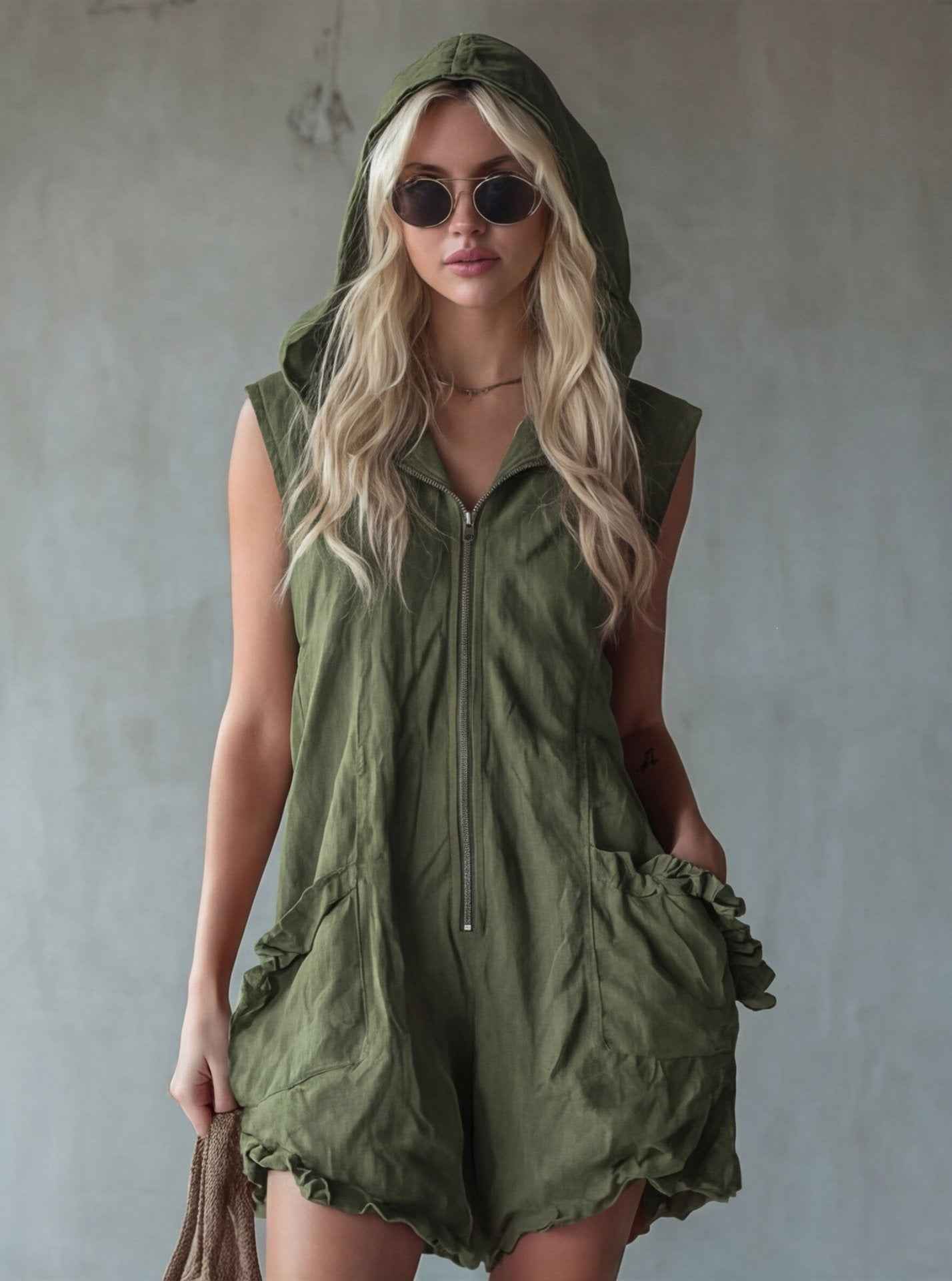 Retro-style Hooded Zip-up Sleeveless Cropped Cotton-linen Jumpsuit