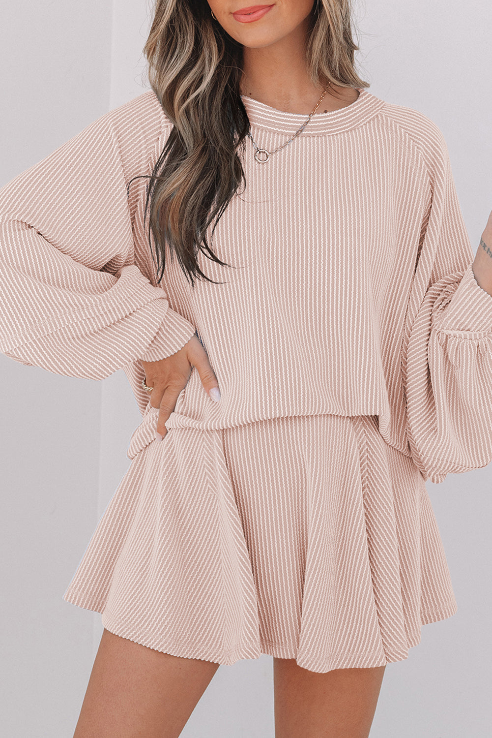 Jet Stream Corded Lantern Sleeve Top High Waist Ruffled Mini Skirt Set Dear-Lover Dropshipping