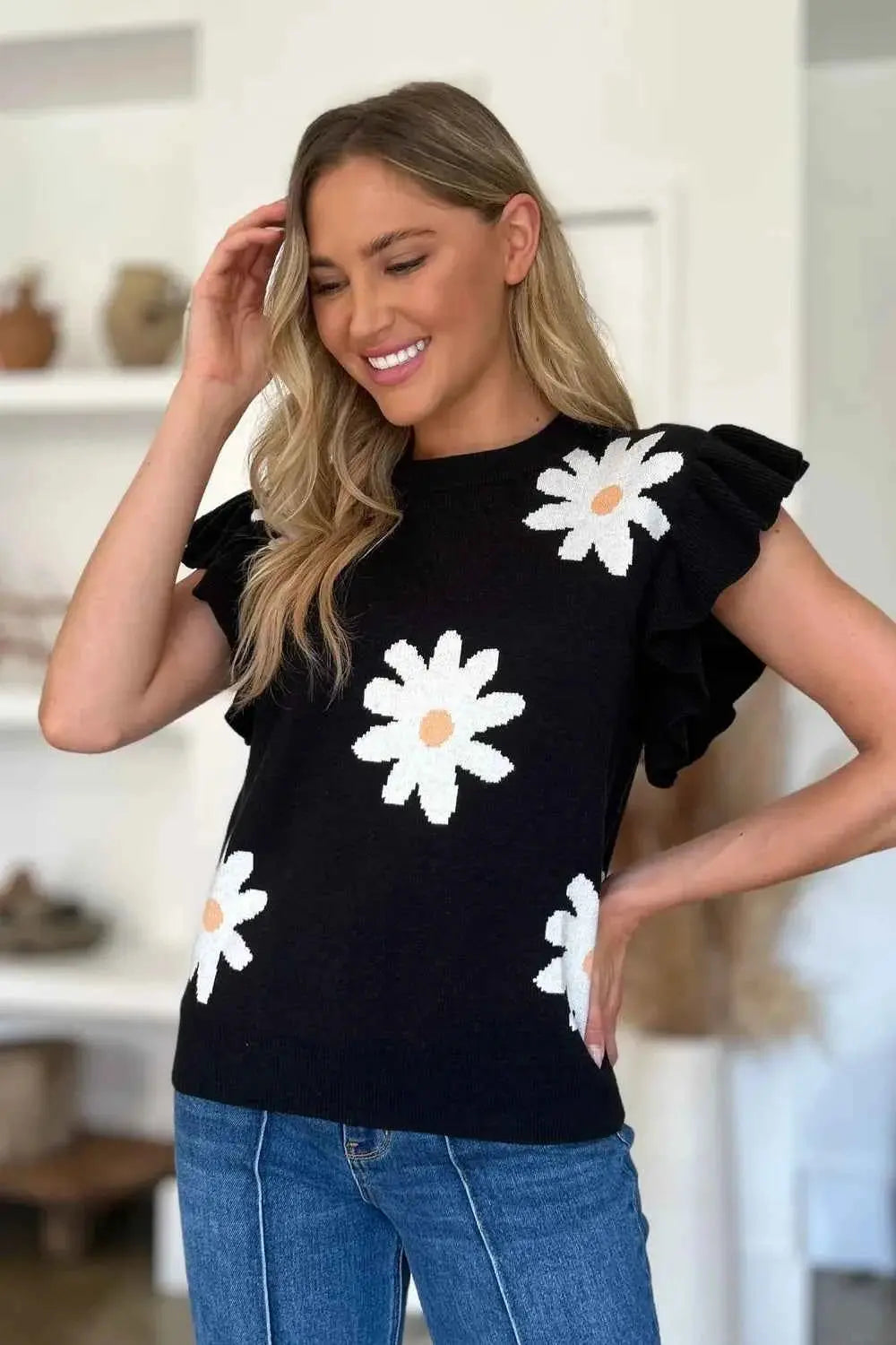 Ruffled Flower Round Neck Cap Sleeve Sweater.