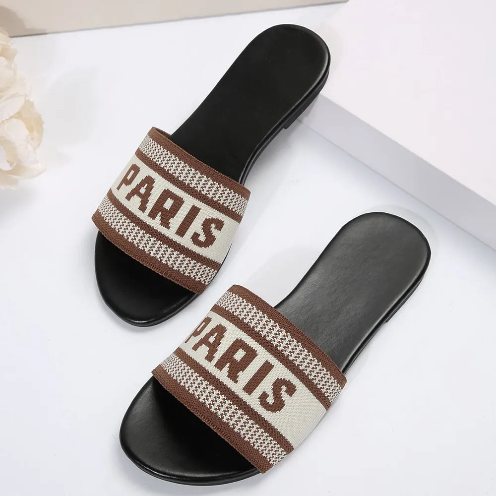 PARIS Letter Open Toe Flat Sandals.