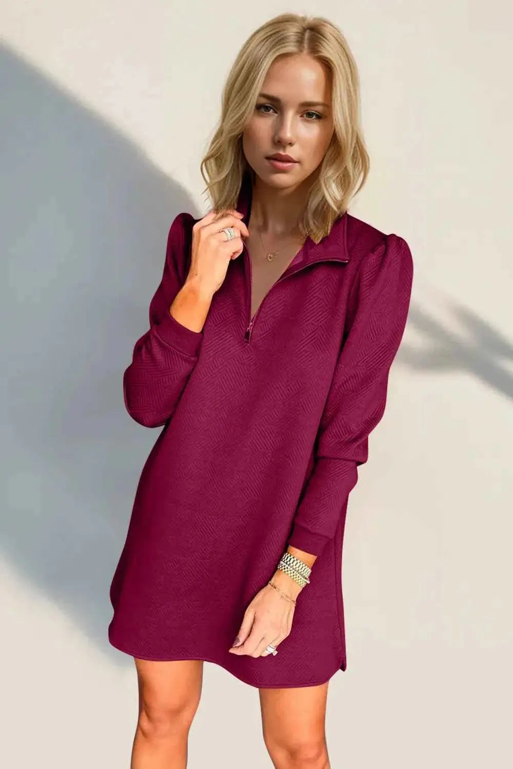 Double Take Textured Quarter Zip Long Sleeve Dress.