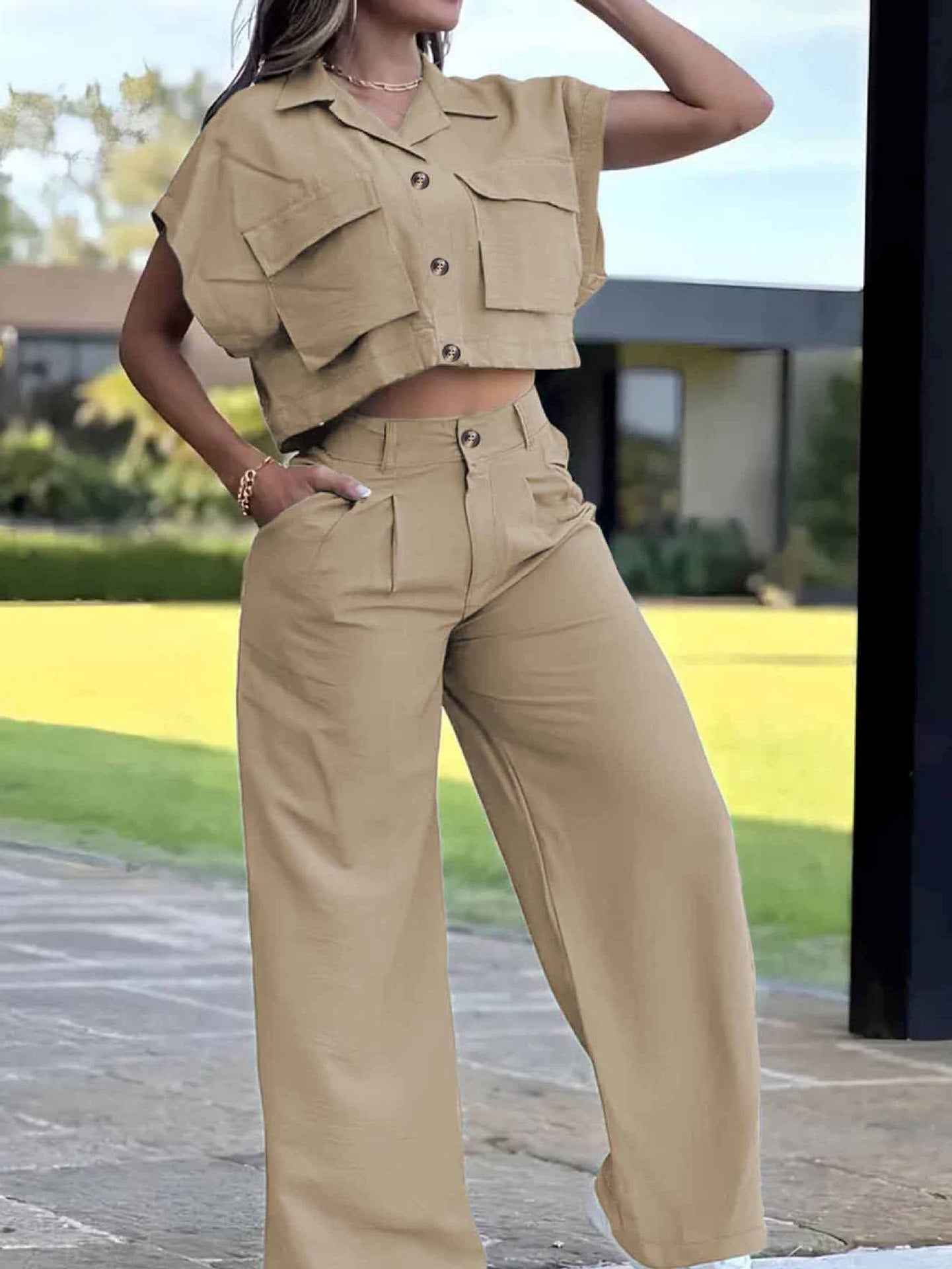 Large-pocket Midriff-baring Top With Attached Sleeves And Utility Pants