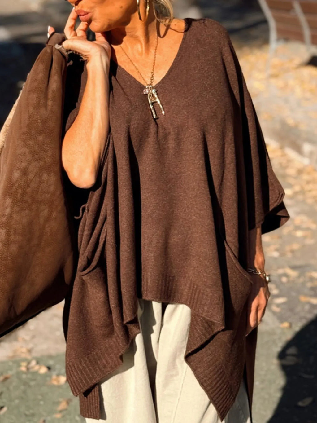 Ribbed Hem V-Neck Sweater.